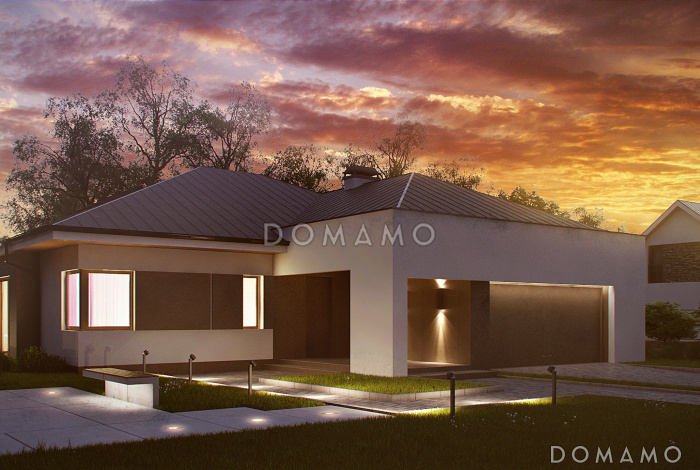 Проект одноэтажного дома из кирпича с небольшой мансардой и с гаражом на два автомобиля