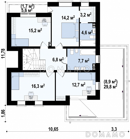 Проект современного двухэтажного дома из кирпича с плоской крышей,  с четырьмя спальнями, кабинетом и гаражом / План 2 этажа