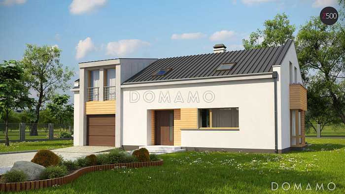 Проект современного мансардного дома из кирпича с четырьмя комнатами, эркером и одноместным гаражом