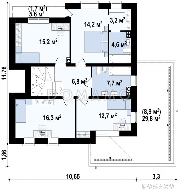 Проект современного двухэтажного дома из кирпича с плоской крышей,  с четырьмя спальнями, кабинетом и гаражом / План 2 этажа