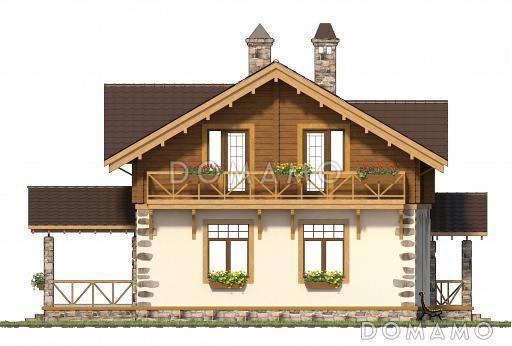 Проект коттеджа шале с террасой и балконом. / Фасад 4