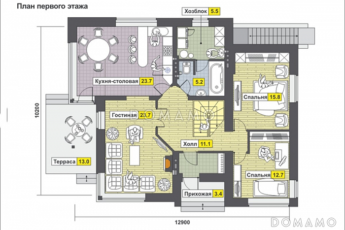 Проект светлого дома с бильярдной и спортзалом в цокольном этаже,  длинным балконом,  панорамными окнами в спальне на мансарде / План 1 этажа