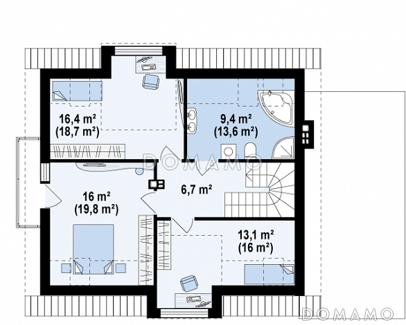 Проект одноэтажного мансардного дома из газобетона с остеклённым прямоугольным эркером, панорамными окнами на мансарде и гаражом  / План мансардного этажа