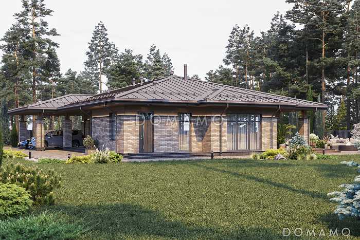 Проект дома с навесом для двух автомобилей, террасой с барбекю, мастер-спальней и сауной