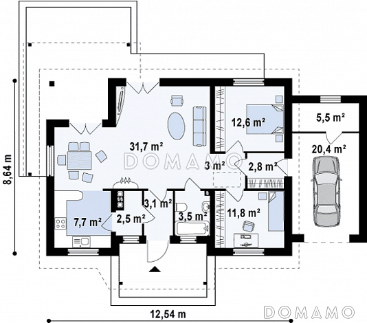 Проект компактного одноэтажного дома из кирпича с двумя спальнями с возможностью обустроить мансарду и гаражом / План 1 этажа