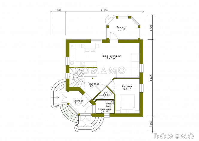 Проект квадратного коттеджа со входом с угла / План 1 этажа