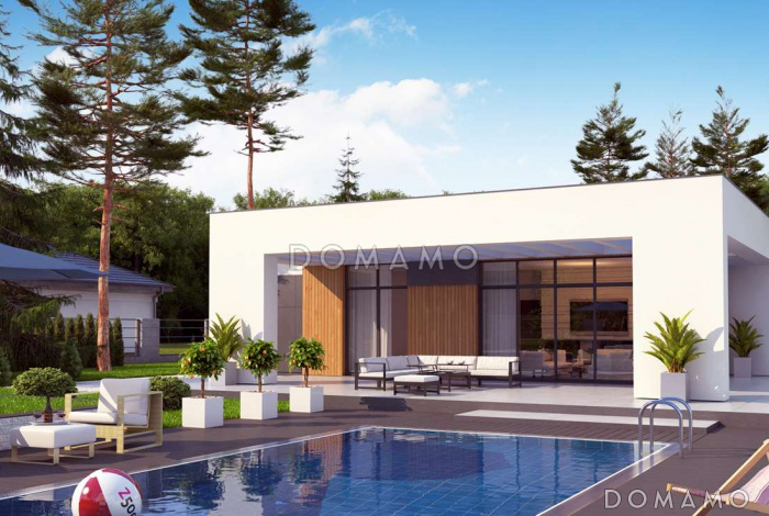 Проект современного одноэтажного дома из кирпича с плоской крышей, с четырьмя комнатами и одноместным гаражом