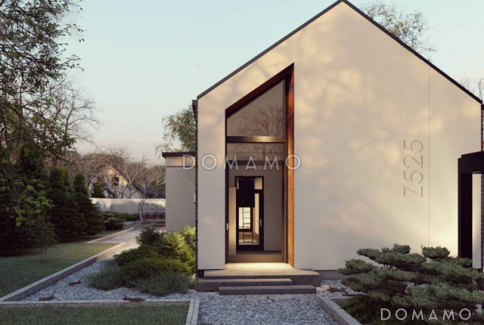 Проект загородного дома для узкого участка с террасами, двумя санузлами, объединенной кухней и гостиной