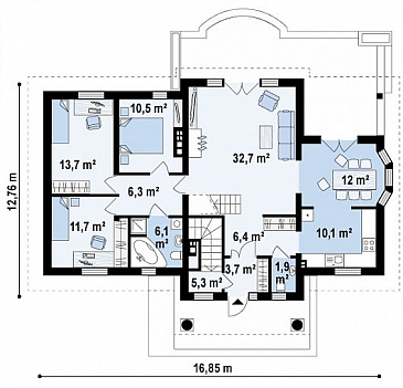 Проект одноэтажного дома из кирпича с цокольным этажом и со свободной планировкой на мансардном этаже / План 1 этажа