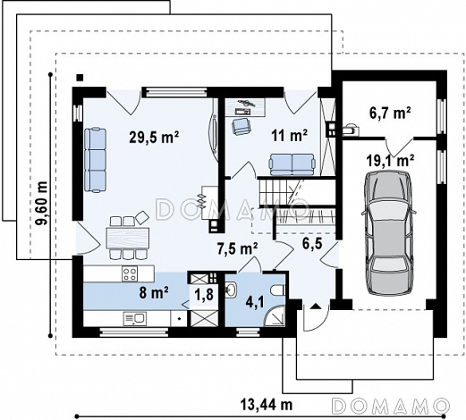 Проект одноэтажного мансардного дома из газобетона с кабинетом, открытой угловой террасой и гаражом  / План 1 этажа