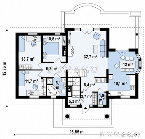 Проект одноэтажного дома из кирпича с цокольным этажом и со свободной планировкой на мансардном этаже / План 1 этажа