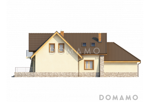 Проект просторного одноэтажного мансардного дома из кирпича с кабинетом, четырьмя спальнями и гаражом на два автомобиля / Фасад 4