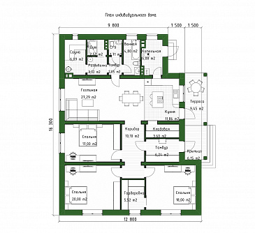 Проект одноэтажного коттеджа с сауной и крытой террасой / План 1 этажа