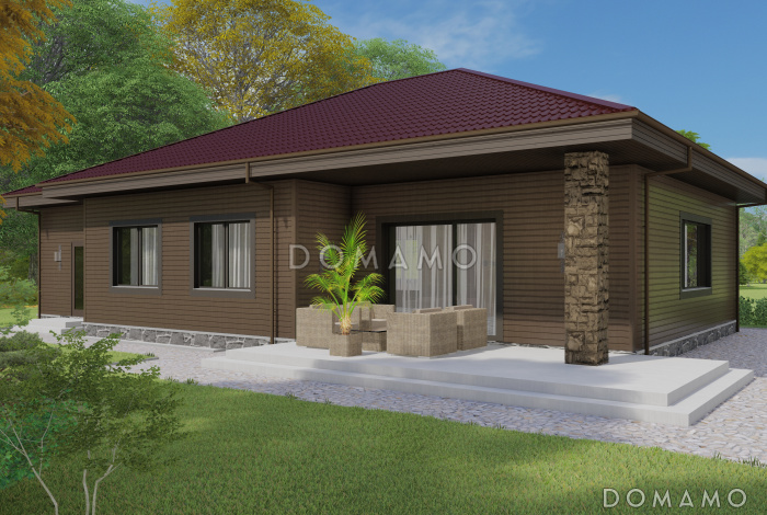 Проект одноэтажного дома с пристроенным гаражом и крытой террасой