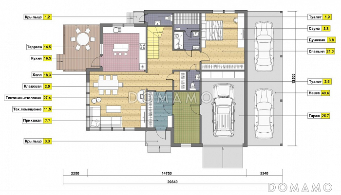 Проект каркасного дома с местом для трех авто / План 1 этажа