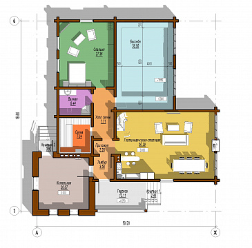 Проект одноэтажного дома из бруса с сауной и бассейном / План 1 этажа