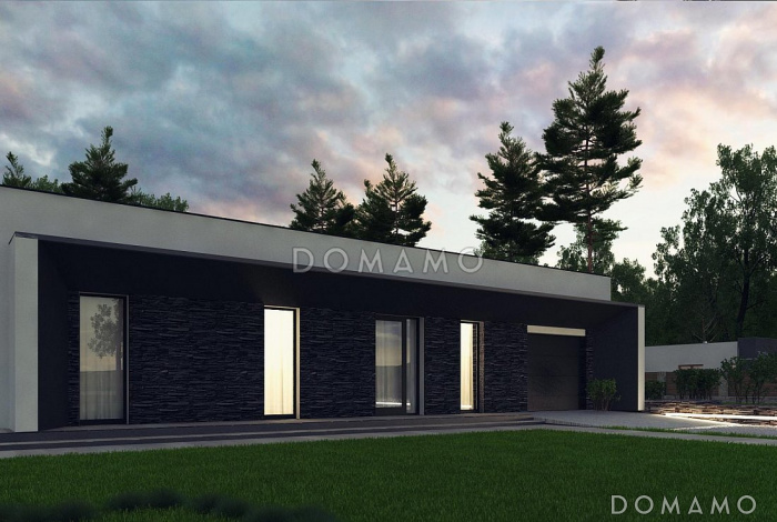 Проект современного одноэтажного дома из газобетона с плоской крышей, с тремя комнатами и гаражом 