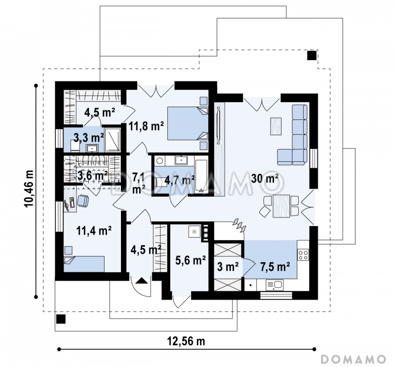 Проект простого уютного одноэтажного дома из газобетона с двумя спальнями и возможностью обустройства мансарды / План 1 этажа