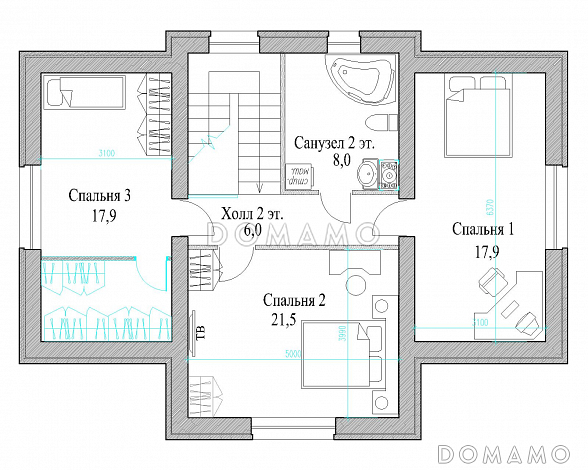 Проект полутораэтажного коттеджа с яркой облицовкой и открытой террасой из СИП панелей / План мансардного этажа