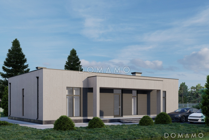 Проект одноэтажного каркасного дома в стиле хай-тек с двумя спальнями, кабинетом и крытой террасой