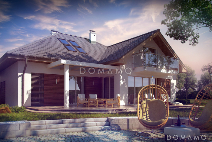 Проект просторного одноэтажного мансардного коттеджа из кирпича с гостевой спальней на первом этаже, кабинетом и гаражом