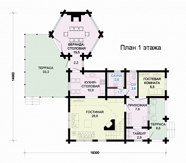 Проект комфортабельного бревенчатого дома с вынесенной столовой / План 1 этажа