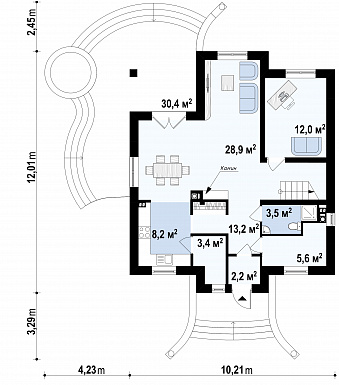 Проект классического одноэтажного мансардного дома из газобетона с кабинетом, хозяйственным помещением и с балконами в каждой из трёх спален / План 1 этажа