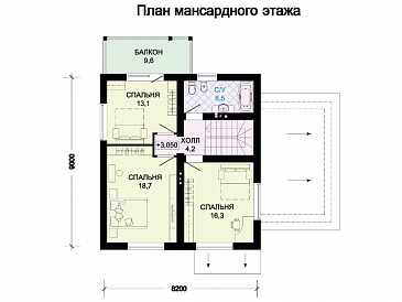 Проект коттеджа с красной двускатной крышей, тремя спальными комнатами, балконом и гаражом / План мансардного этажа