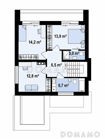 Проект загородного дома с плоской крышей, кладовой под лестницей, вытянутой ванной на втором этаже / План 2 этажа