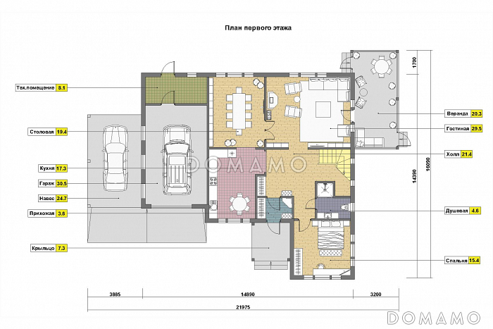 Проект каркасного дома с просторной верандой, гаражом и навесом для авто / План 1 этажа