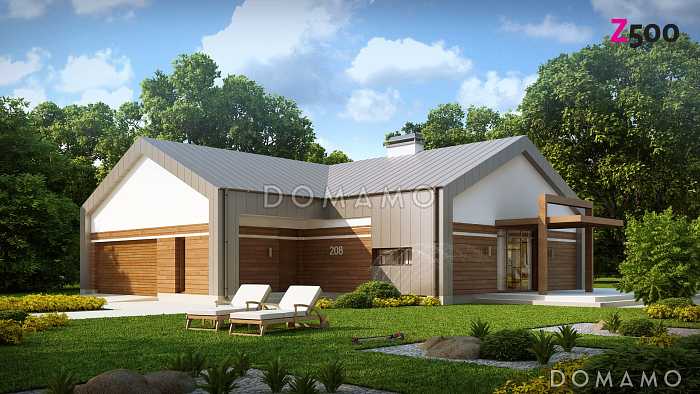 Проект углового одноэтажного дома из кирпича с облицовкой деревянной вагонкой и с гаражом на два автомобиля