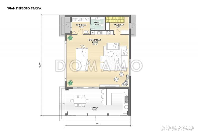 Проект беседки из газобетона с террасой барбекю, бильярдной, кухней и подвалом / План 1 этажа