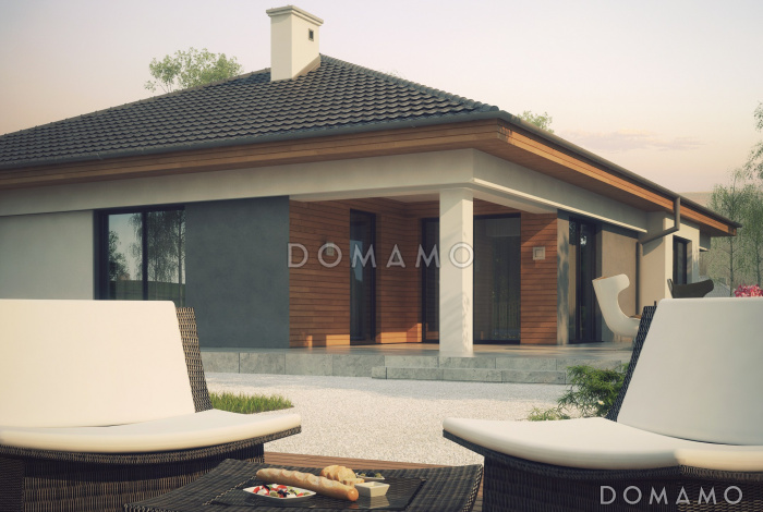 Проект одноэтажного просторного дома из кирпича с крытой террасой, эркером и гаражом для двух автомобилей