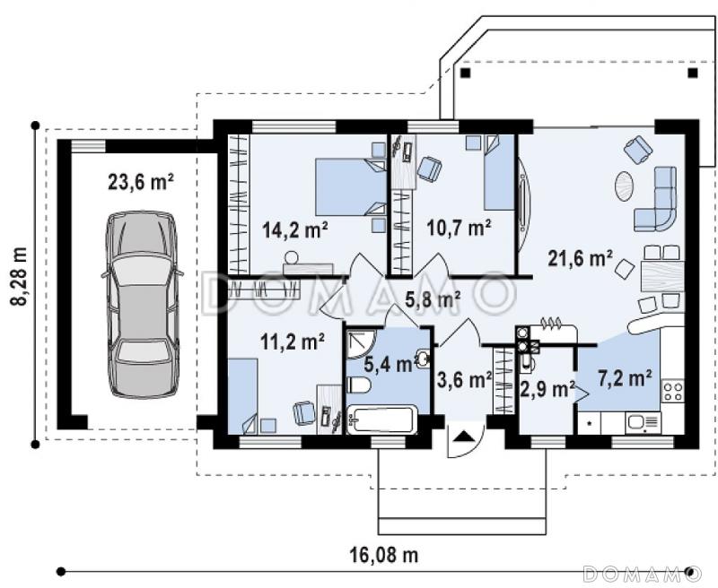 Проект компактного одноэтажного дома из газобетона с тремя спальнями, небольшой крытой террасой и гаражом / План 1 этажа