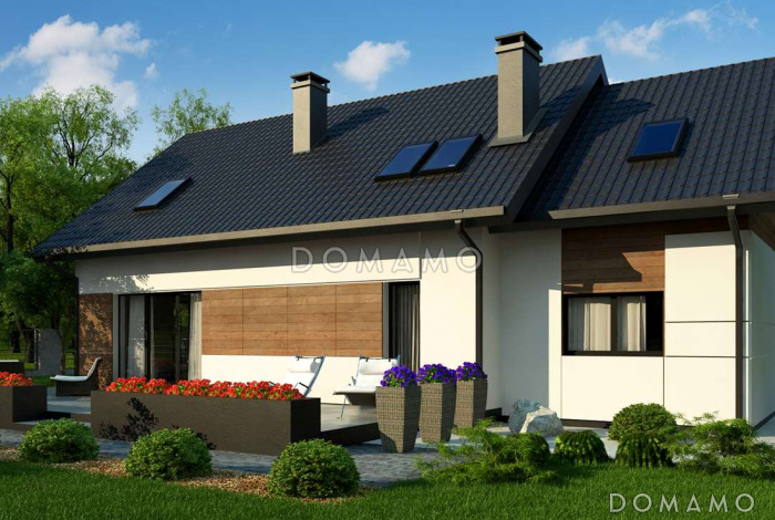 Проект одноэтажного мансардного дома из кирпича с кабинетом, балконом и гаражом