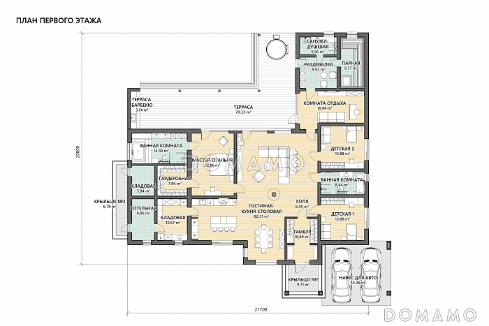 Проект каркасного дома с сауной, мастер-спальней, 2 детскими и автонавесом / План 1 этажа