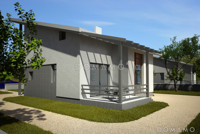 Проект дома с открытой террасой, камином в гостиной, санузлом с окном, вторым светом