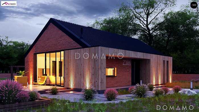 Проект одноэтажного дома из кирпича с кабинетом, двумя спальнями и кинозалом на мансарде