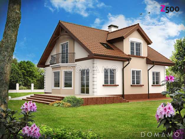 Проект одноэтажного мансардного дома из кирпича с кабинетом, эркером и балконом над ним