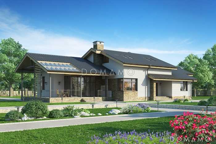 Проект дома с большой террасой с барбекю, большой гостиной с камином, спальнями на первом этаже, сауной, вторым светом