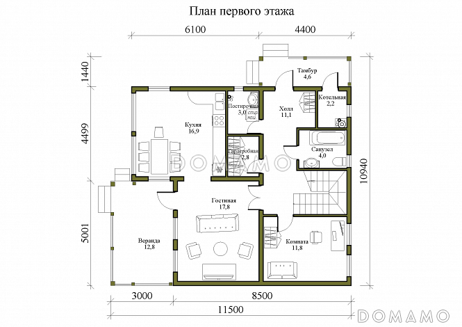 Проект двухэтажного каркасного дома с панорамным остеклением и двумя верандами / План 1 этажа