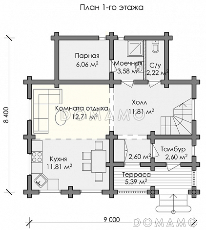 Проект двухэтажного дома с с/у с душем и парной комнатой на первом этаже / План 1 этажа