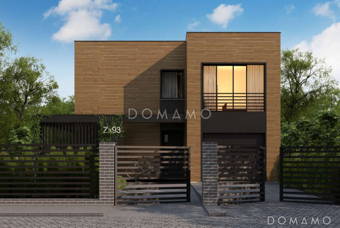 Проект современного двухэтажного дома из кирпича с плоской крышей, четырьмя комнатами, вторым светом и гаражом