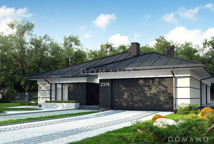 Проект одноэтажного дома с подвалом, гаражом на две машины, панорамным остеклением  гостиной