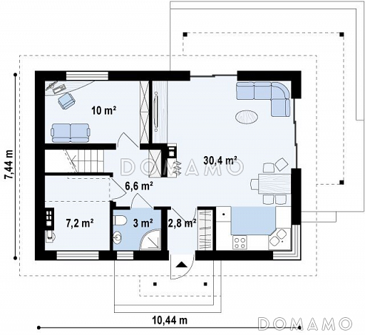 Проект одноэтажного мансардного дома из кирпича с угловым окном в кухонной зоне и кабинетом / План 1 этажа