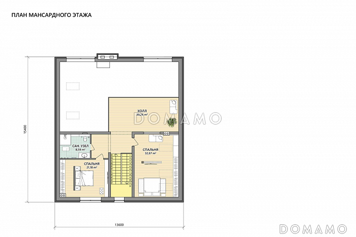 Проект Г-образного дома из газобетона с 3 спальнями, изолированной кухней и зоной барбекю на террасе / План мансардного этажа