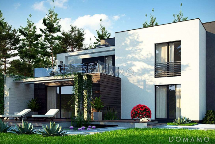 Проект красивого двухэтажного коттеджа из кирпича с террасами на втором уровне