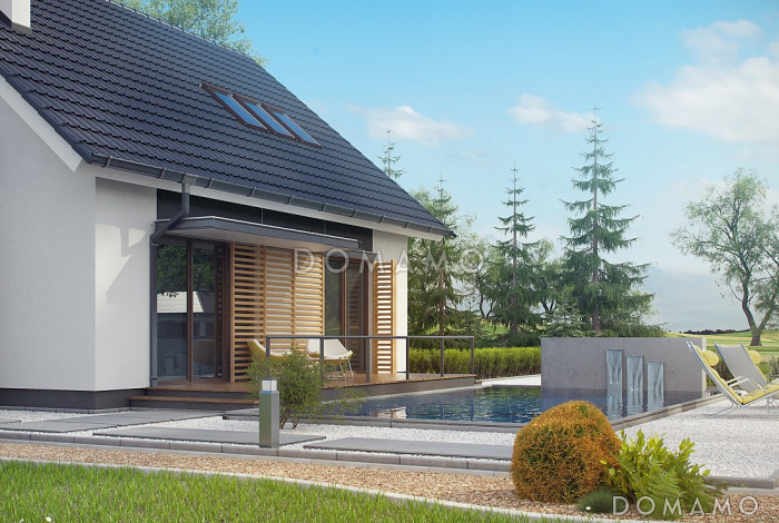 Проект одноэтажного мансардного дома из газобетона с балконом, тремя спальнями и кабинетом