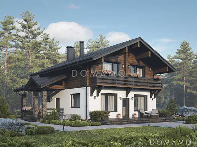 Проект двухэтажного дома в стиле шале из газобетона и бруса