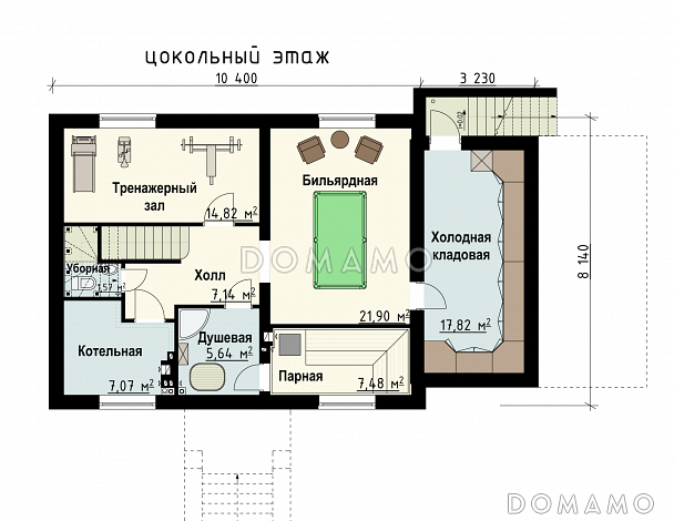 Проект загородного дома с бильярдной, парной, спортзалом, каминной зоной / План цокольного этажа